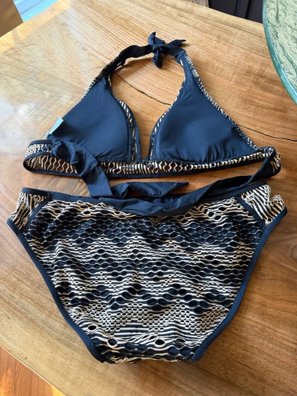 BECCA Black and Gold Lace-Pattern Triangle Bikini